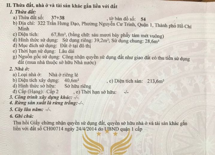 Bán Nhà 322 Trần Hưng Đạo Phường Nguyễn Cư Trinh Quận 1