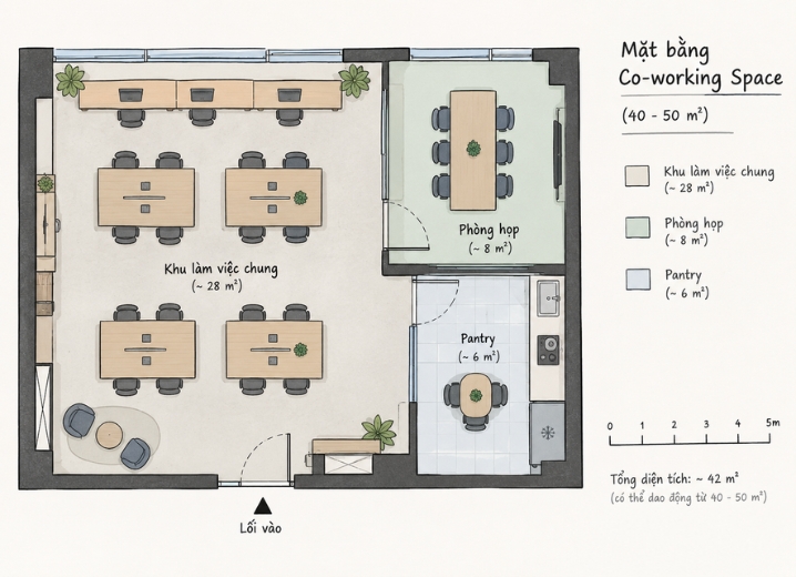 Sơ đồ bố trí mặt bằng coworking space không gian nhỏ